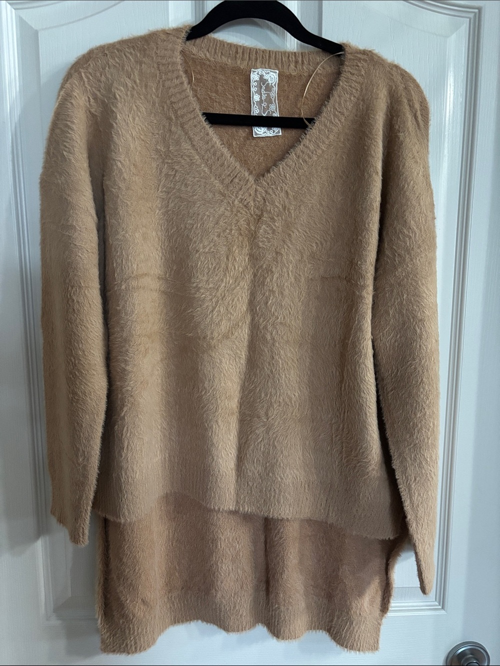 Sadie & Sage Fuzzy V-Neck Longline Sweater in Camel
